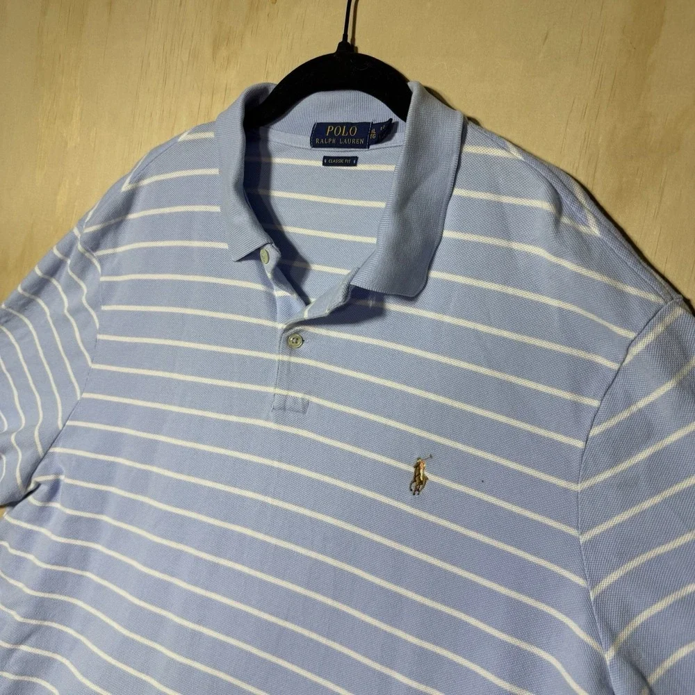 Polo Ralph Lauren Classic Fit Polo Shirt Mens XL Blue White Stripe Pony Golf